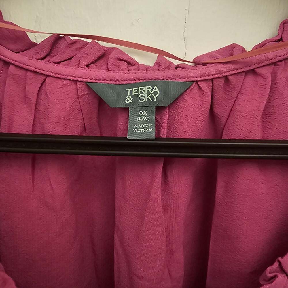 Terra & Sky Women's 0X 14W Pink Smocked Peplum Blouse Puff Sleeve Boho NWT - Picture 2 of 10